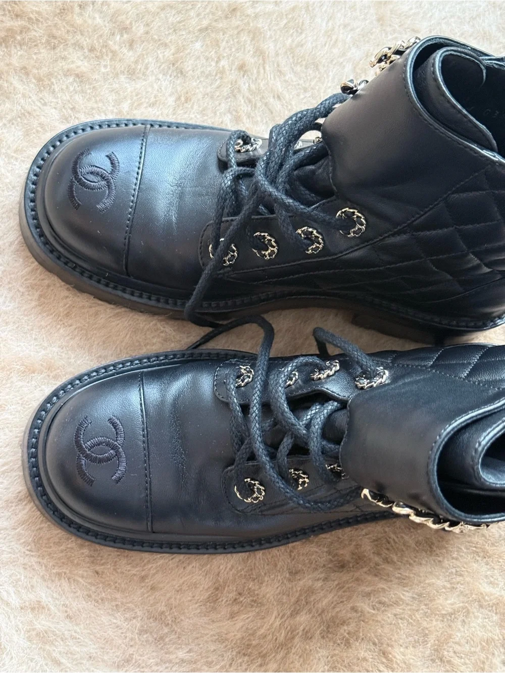 CHANEL Black Quilted Leather Combat Boots with Chain CC Detailing size 5